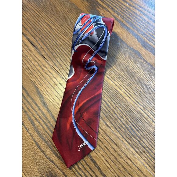 J Garcia Silk Neck Tie Watercolor Collection #9 Red Gray Courtyard Performance - Picture 1 of 5